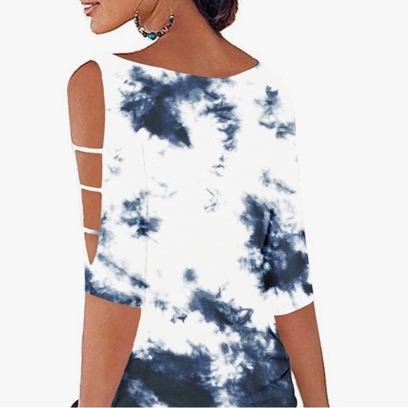 LEIYEE Top Tie Dye Cold Shoulder Cut Out Three Quarter Dolman Sleeve LIKE NEW - Picture 2 of 13